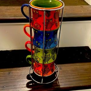 Set of 4 owl mugs in metal rack!  Never used!